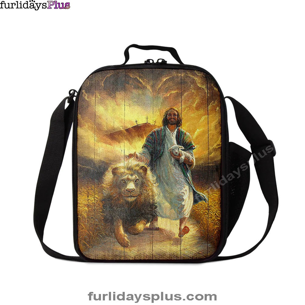 Jesus Walking With Lamb And Lion Lunch Bag, Christian Art, Bible Verse Lunchbag, Religious Lunchbag