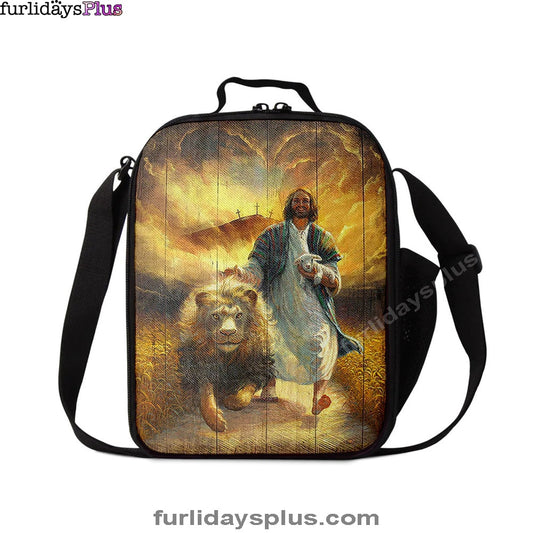 Jesus Walking With Lamb And Lion Lunch Bag, Christian Art, Bible Verse Lunchbag, Religious Lunchbag
