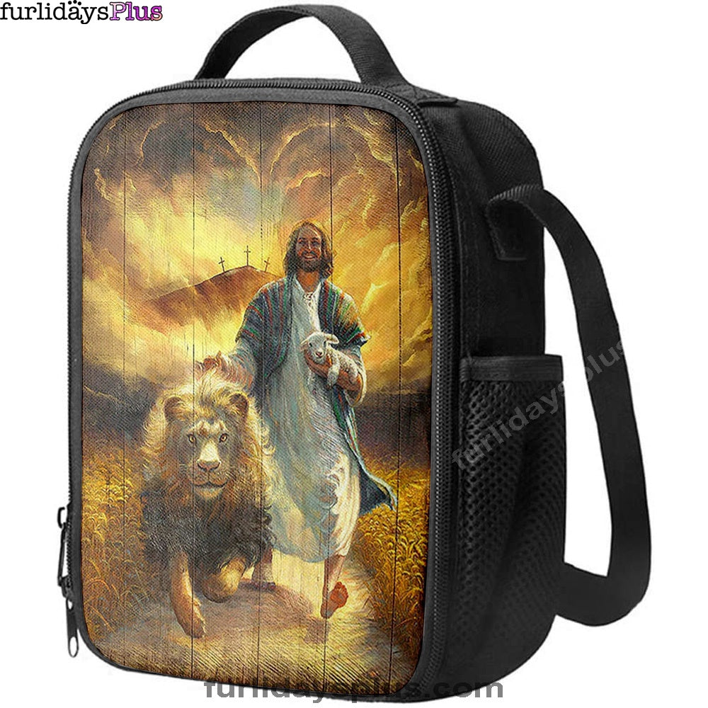 Jesus Walking With Lamb And Lion Lunch Bag, Christian Art, Bible Verse Lunchbag, Religious Lunchbag