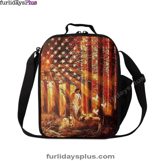 Jesus Walking With The Lambs In Forest Lunch Bag, Christian Art, Bible Verse Lunchbag, Religious Lunchbag