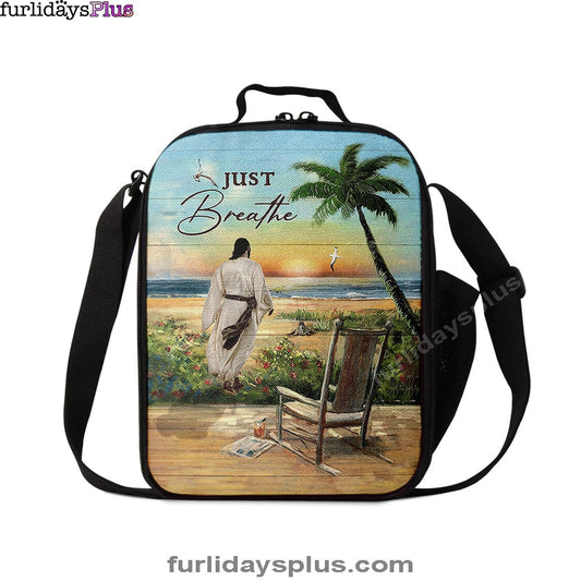Jesus Walks Sunset Beach Just Breathe Lunchbag, Christian Lunchbag, Religious Lunchbag