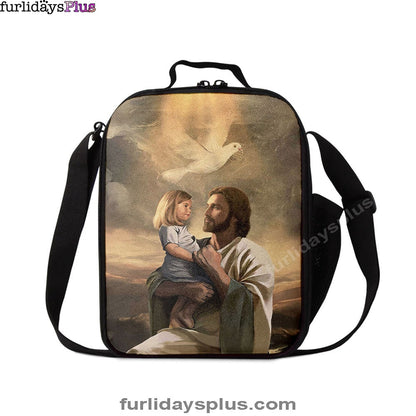 Jesus With Child White Dove Lunch Bag, Christian Art, Bible Verse Lunchbag, Religious Lunchbag