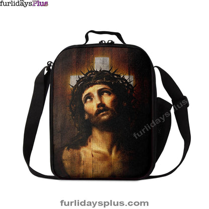 Jesus With Crown Of Thorns White Cross Lunchbag, Jesus Portrait Lunchbag, Christian Lunchbag