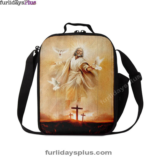 Jesus With Dove Sunset Wooden Cross Lunchbag, Christian Lunchbag, Bible Verse Lunch Bag