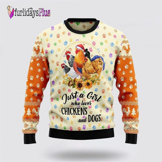 Just A Girl Who Loves Chickens And Dogs Ugly Christmas Sweater, Dog Lover Christmas Sweater