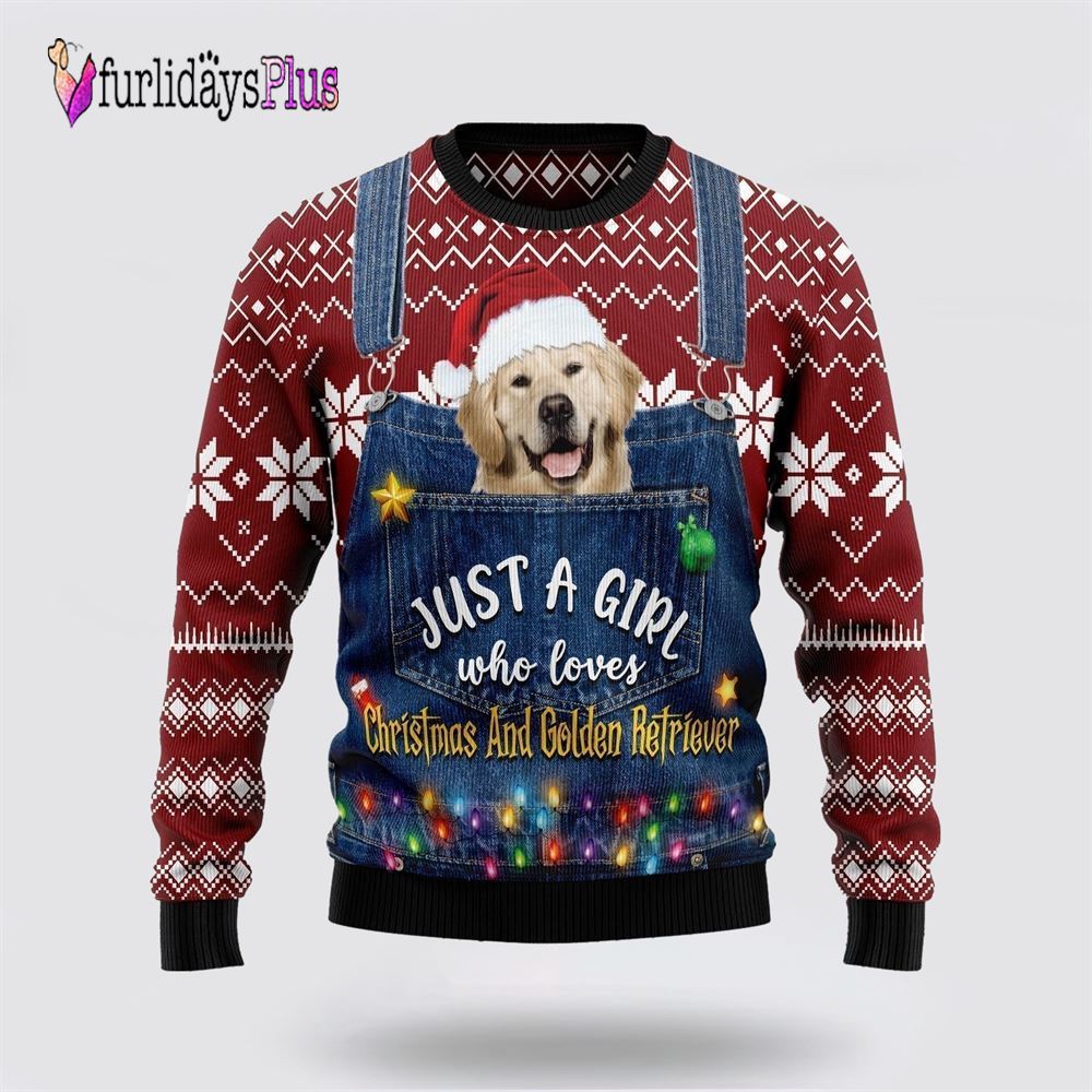 Just A Girl Who Loves Christmas And Golden Retriever Ugly Christmas Sweater, Dog Lover Christmas Sweater