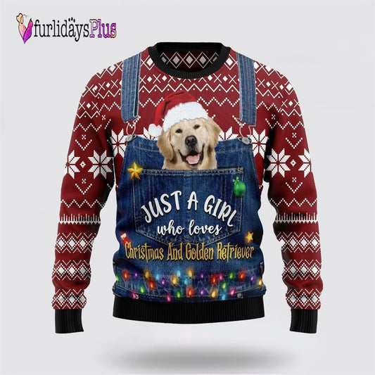 Just A Girl Who Loves Christmas And Golden Retriever Ugly Christmas Sweater, Dog Lover Christmas Sweater