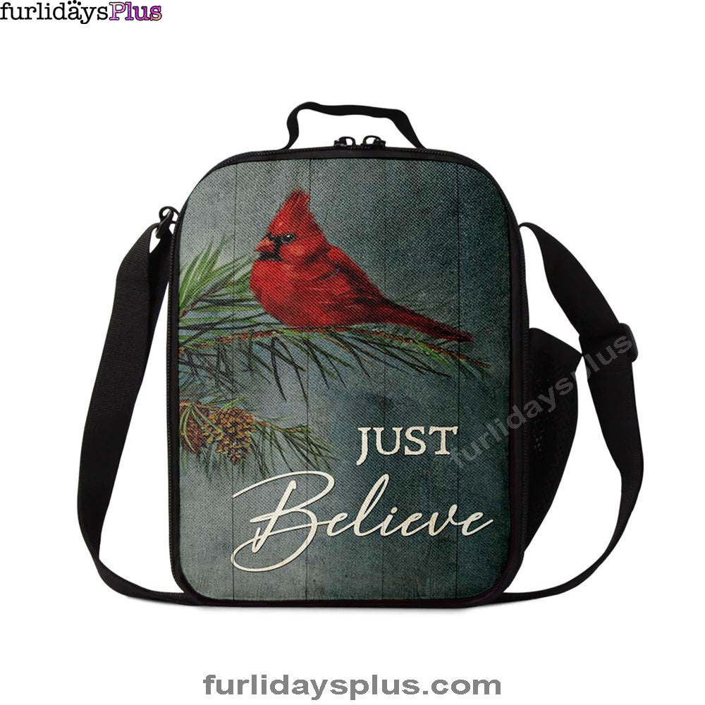 Just Believe Pretty Cardinal Pine Cone Tree Lunchbag, Bible Verse Lunch Bag, Christian Lunchbag Lunchbag
