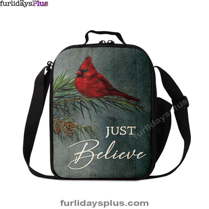 Just Believe Pretty Cardinal Pine Cone Tree Lunchbag, Bible Verse Lunch Bag, Christian Lunchbag Lunchbag
