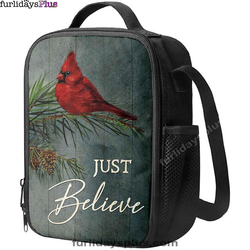 Just Believe Pretty Cardinal Pine Cone Tree Lunchbag, Bible Verse Lunch Bag, Christian Lunchbag Lunchbag