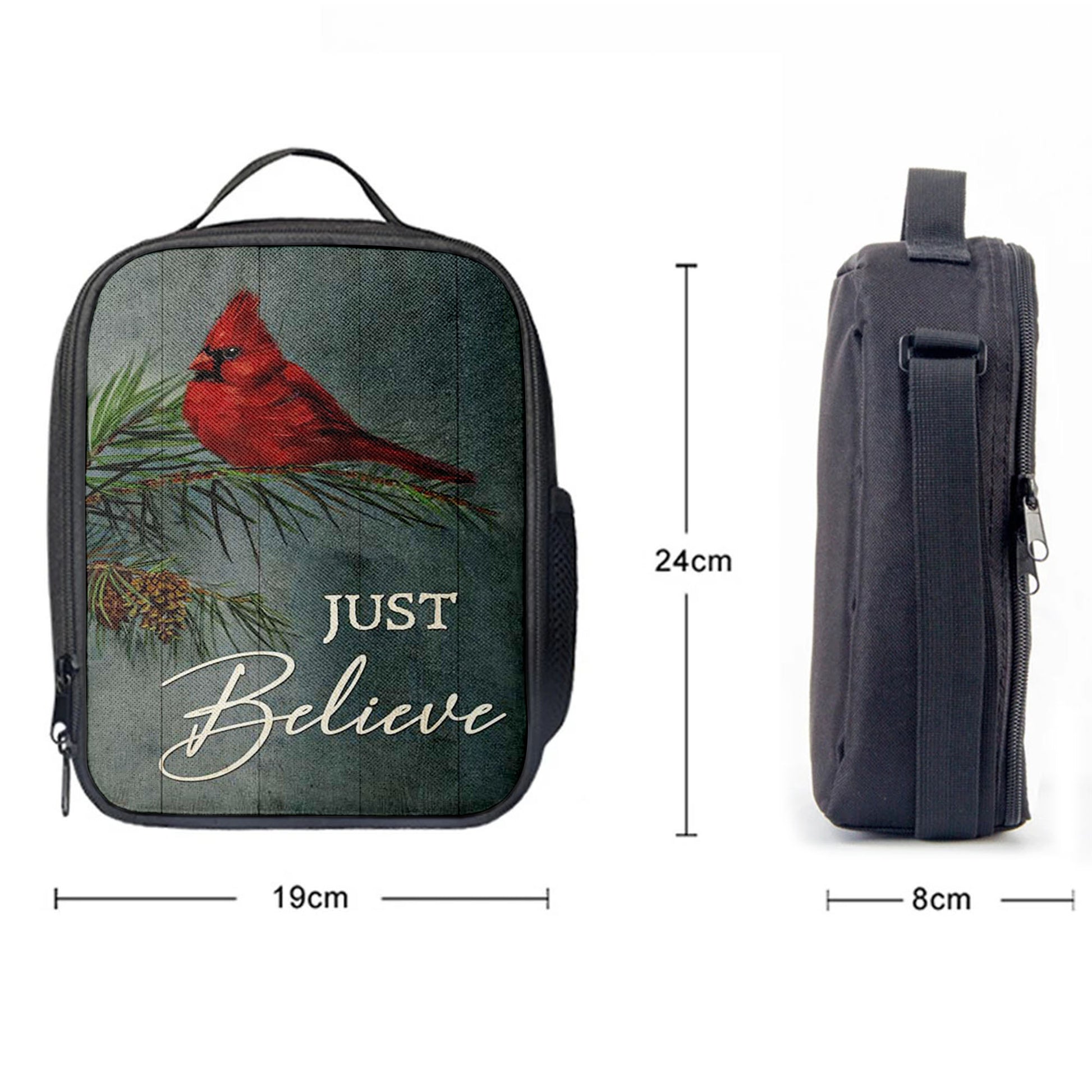 Just Believe Pretty Cardinal Pine Cone Tree Lunchbag, Bible Verse Lunch Bag, Christian Lunchbag Lunchbag