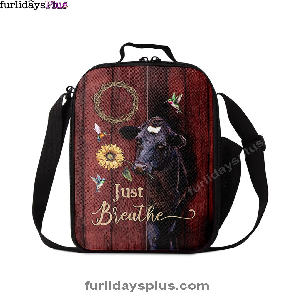 Just Breath Angus Cow Sunflower Lunchbag, Christian Lunchbag, Bible Verse Lunch Bag