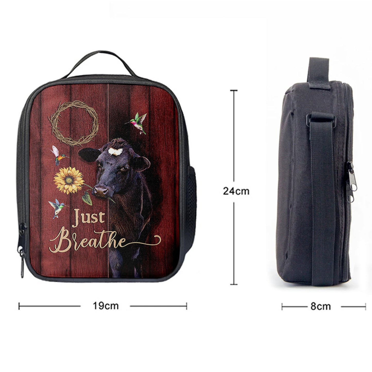 Just Breath Angus Cow Sunflower Lunchbag, Christian Lunchbag, Bible Verse Lunch Bag