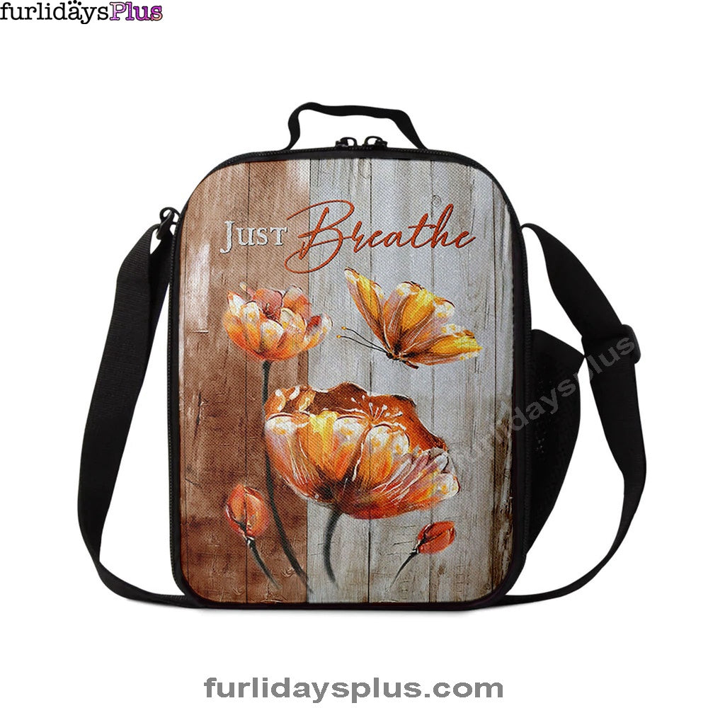 Just Breathe Anemone Flower Butterfly Lunchbag, Christian Lunchbag, Bible Verse Lunch Bag