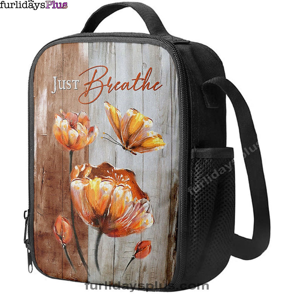 Just Breathe Anemone Flower Butterfly Lunchbag, Christian Lunchbag, Bible Verse Lunch Bag