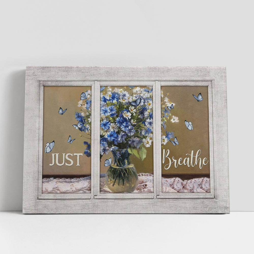 Just Breathe Baby Flower Vase Butterfly Canvas Wall Art, Bible Verse Canvas, Religious Prints