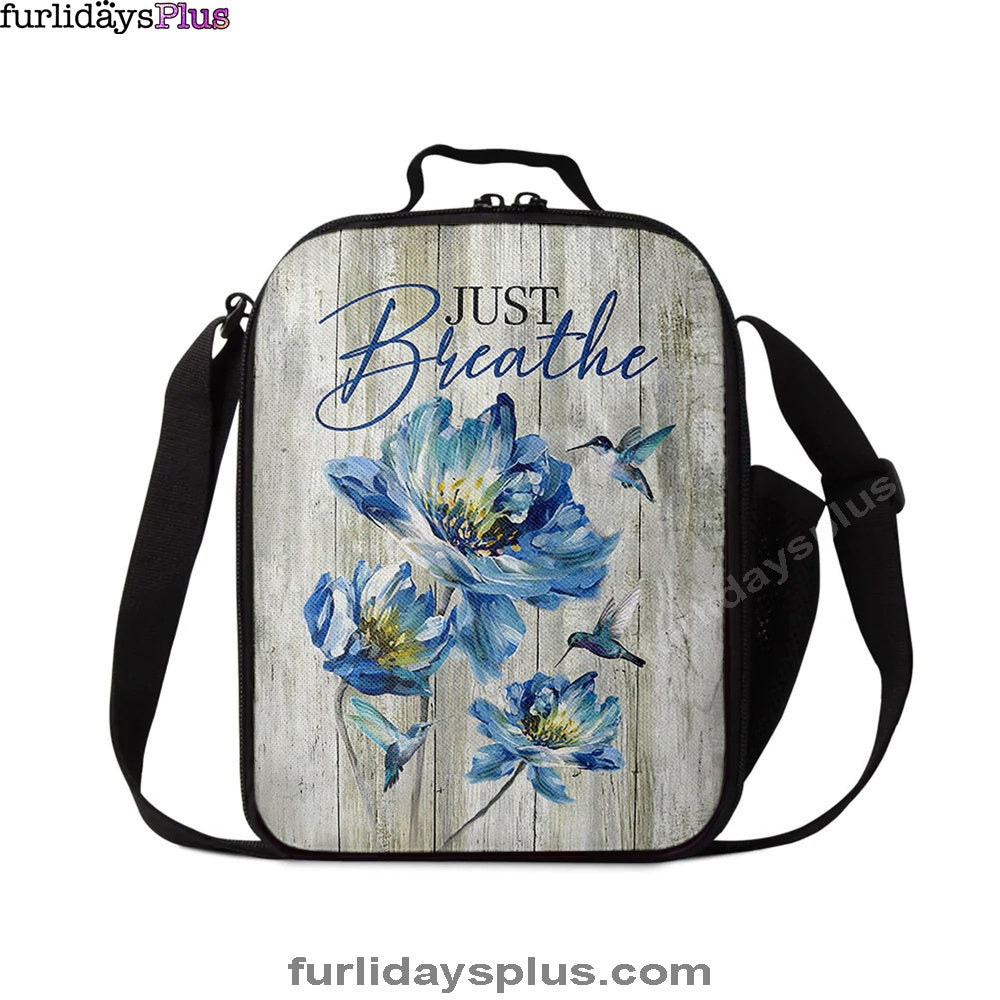 Just Breathe Blue Chrysanthemum Flower Hummingbird Lunchbag, Bible Verse Lunch Bag, Inspirational Art, Christian Lunchbag