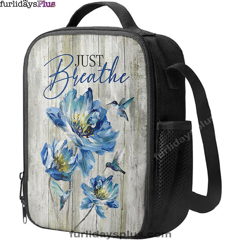 Just Breathe Blue Chrysanthemum Flower Hummingbird Lunchbag, Bible Verse Lunch Bag, Inspirational Art, Christian Lunchbag