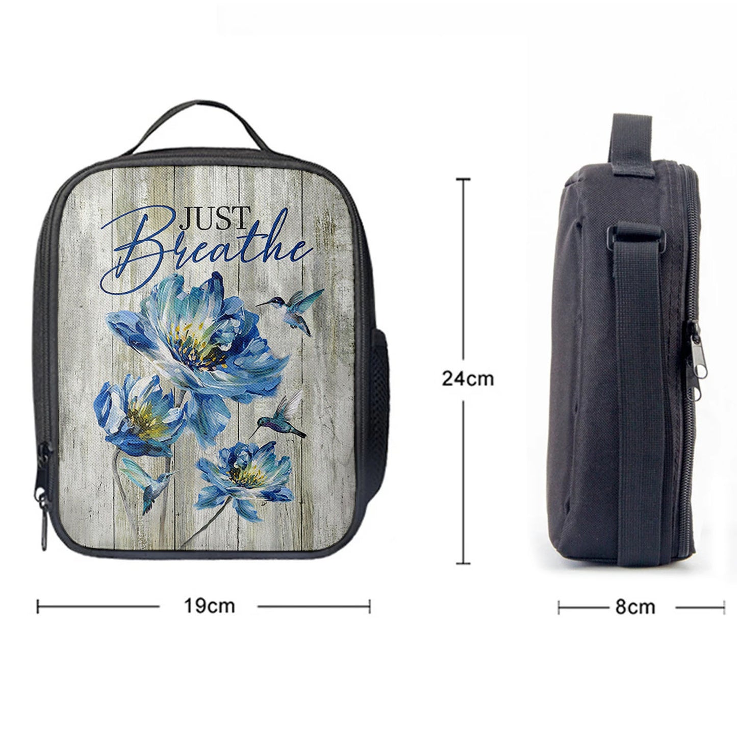 Just Breathe Blue Chrysanthemum Flower Hummingbird Lunchbag, Bible Verse Lunch Bag, Inspirational Art, Christian Lunchbag