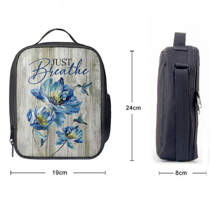 Just Breathe Blue Chrysanthemum Flower Hummingbird Lunchbag, Bible Verse Lunch Bag, Inspirational Art, Christian Lunchbag