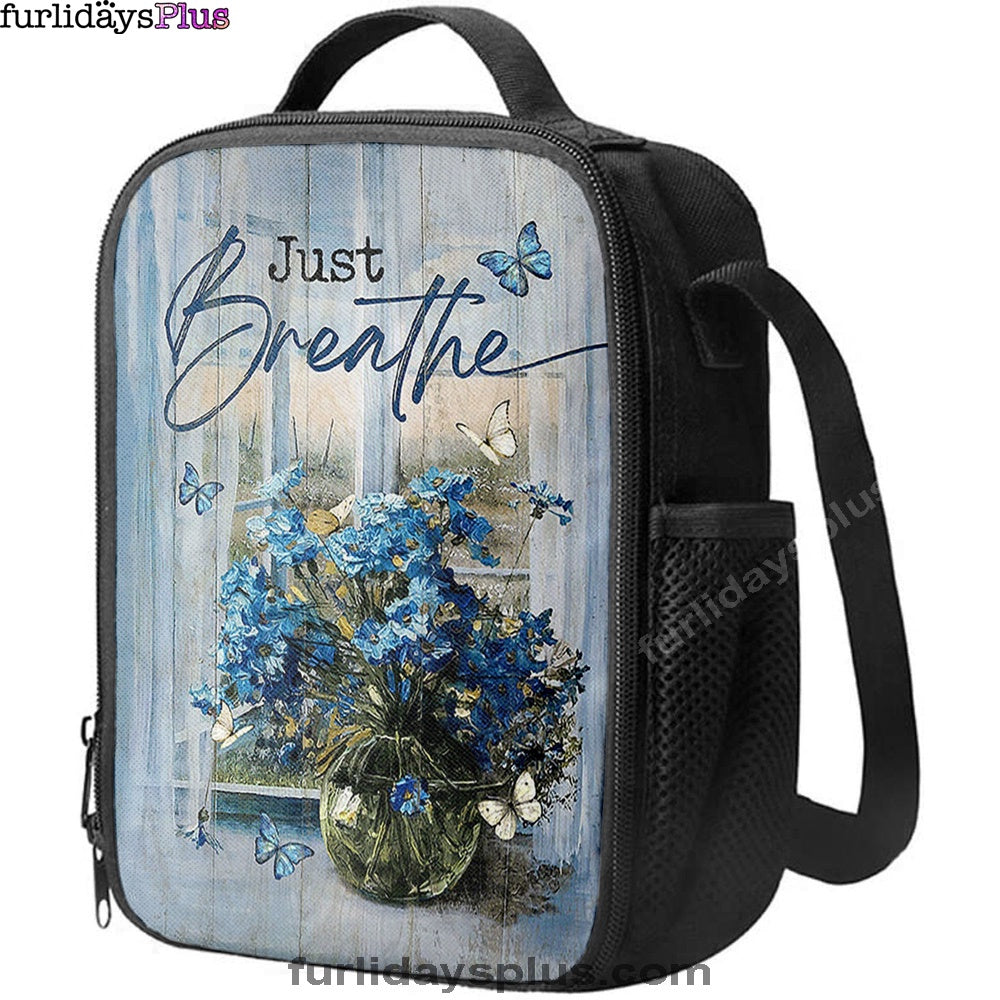 Just Breathe Blue Daisy Butterfly Lunchbag, Christian Lunchbag, Religious Lunchbag
