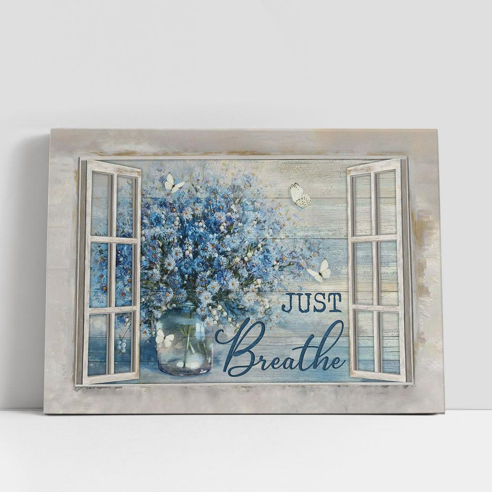 Just Breathe Blue Daisy Vase Butterfly Wall Art Canvas, Christian Gifts Wall Art, Religious Art