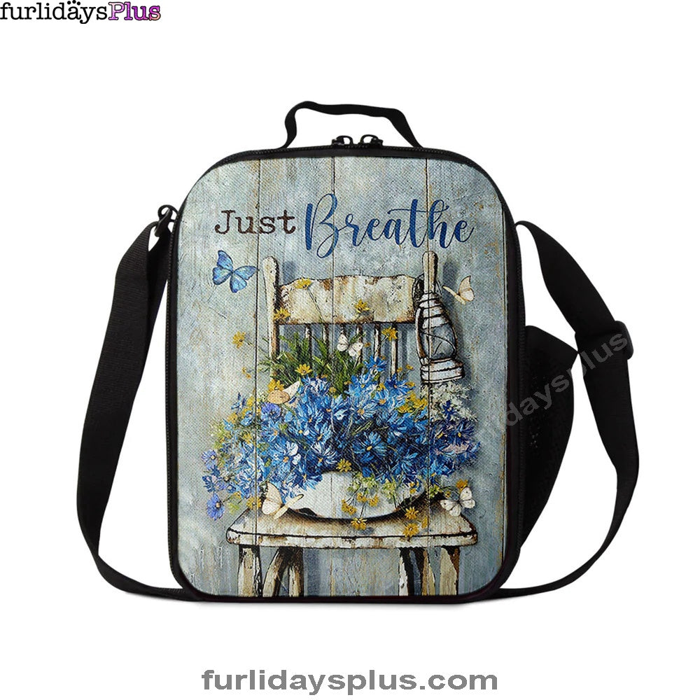 Just Breathe Blue Daisy Vase White Butterfly Lunchbag, Bible Verse Lunch Bag, Inspirational Art, Christian Lunchbag