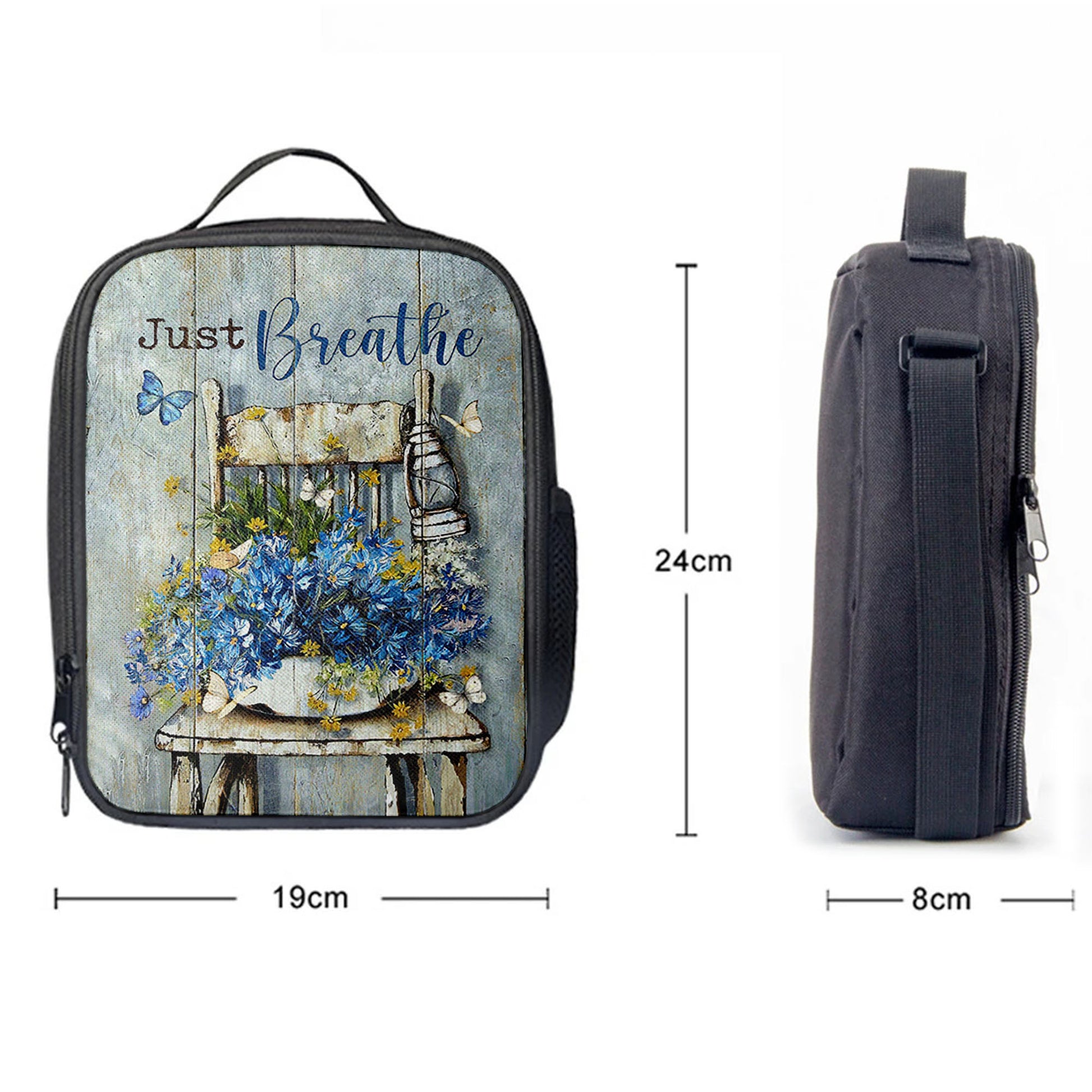 Just Breathe Blue Daisy Vase White Butterfly Lunchbag, Bible Verse Lunch Bag, Inspirational Art, Christian Lunchbag