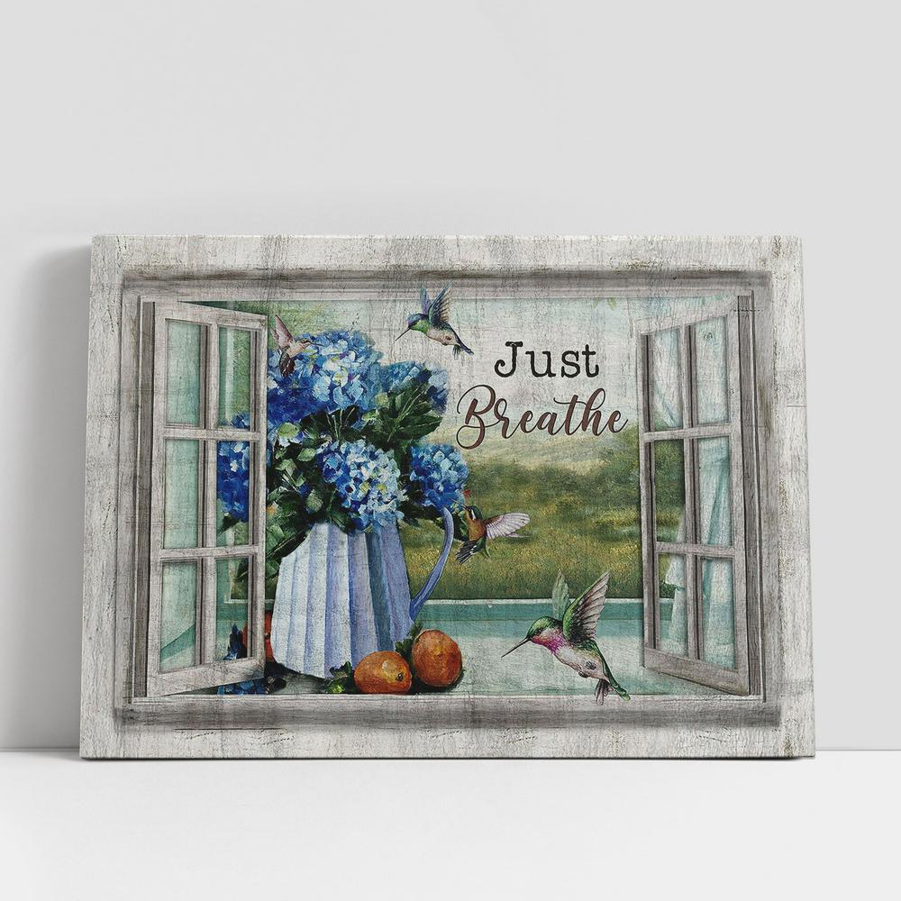 Just Breathe Blue Hydrangea Hummingbird Canvas Wall Art, Bible Verse Canvas, Religious Prints