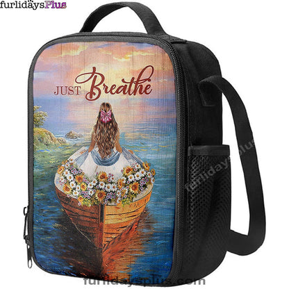 Just Breathe Boat Flower Elegant Girl Sunset Lunchbag, Christian Lunchbag, Bible Verse Lunch Bag