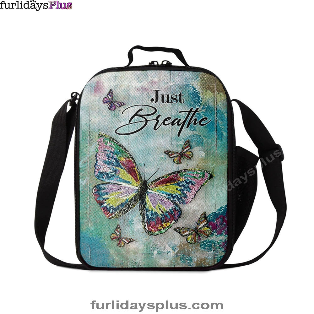 Just Breathe Brilliant Butterfly Lunchbag, Bible Verse Lunch Bag, Inspirational Art, Christian Lunchbag