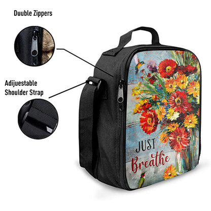 Just Breathe Brilliant Flower Hummingbird Lunchbag, Christian Lunchbag, Religious Lunchbag