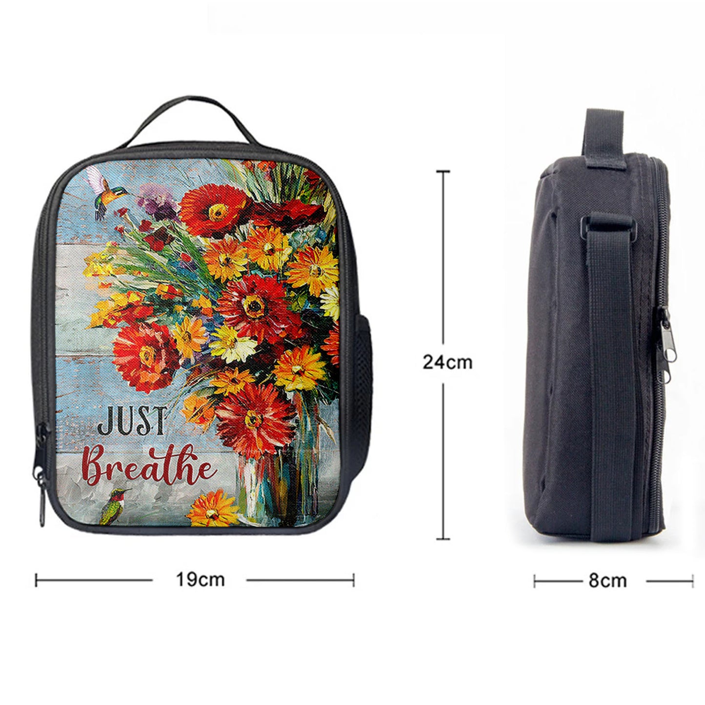 Just Breathe Brilliant Flower Hummingbird Lunchbag, Christian Lunchbag, Religious Lunchbag