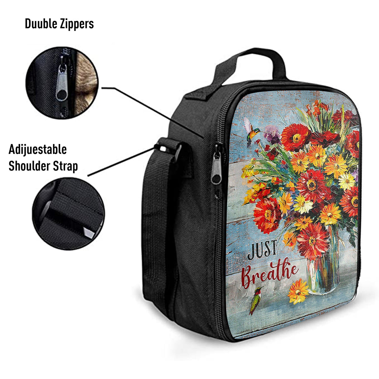 Just Breathe Brilliant Flower Hummingbird Lunchbag, Religious Lunchbag, Christian Lunchbag