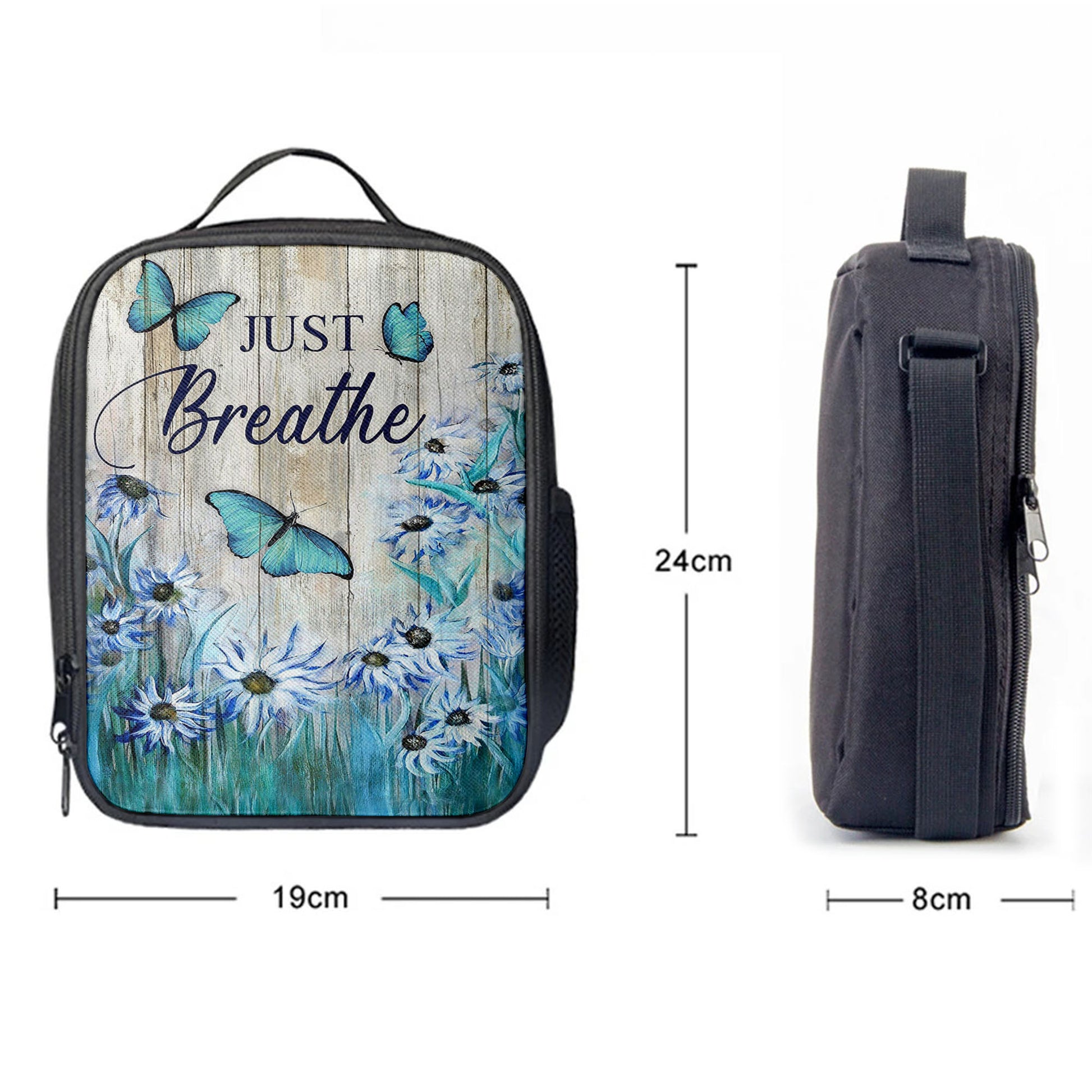 Just Breathe Butterfly Blue Flower Garden Lunch Bag, Christian Art, Bible Verse Lunchbag, Religious Lunchbag