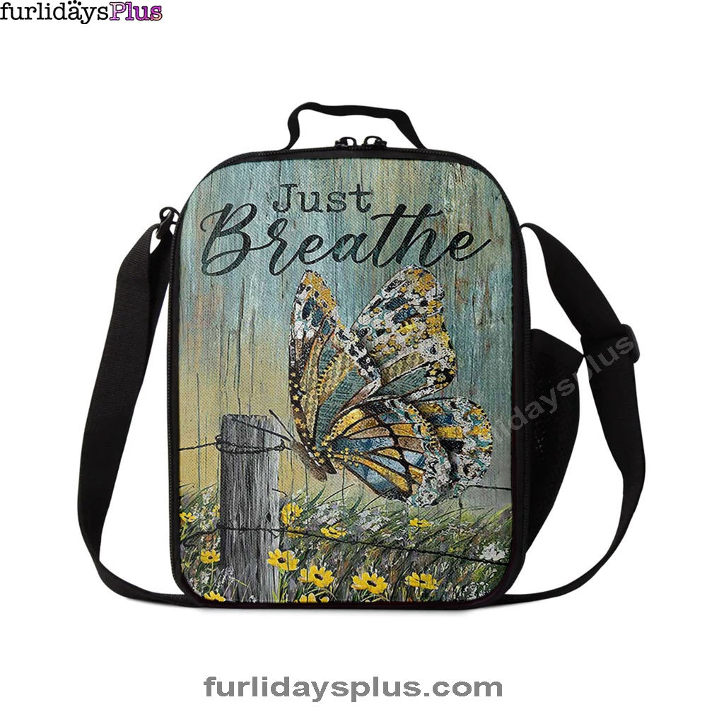 Just Breathe Butterfly Yellow Daisy Lunchbag, Christian Lunchbag, Bible Verse Lunch Bag