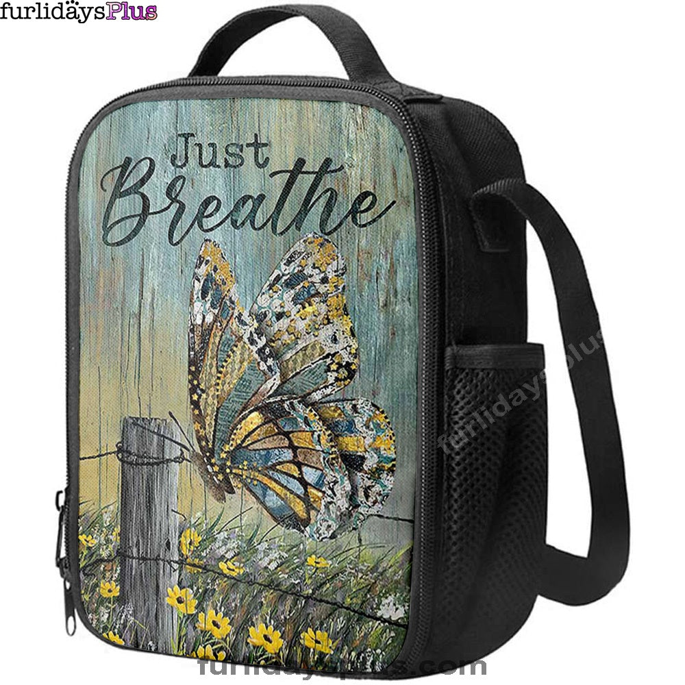 Just Breathe Butterfly Yellow Daisy Lunchbag, Christian Lunchbag, Bible Verse Lunch Bag