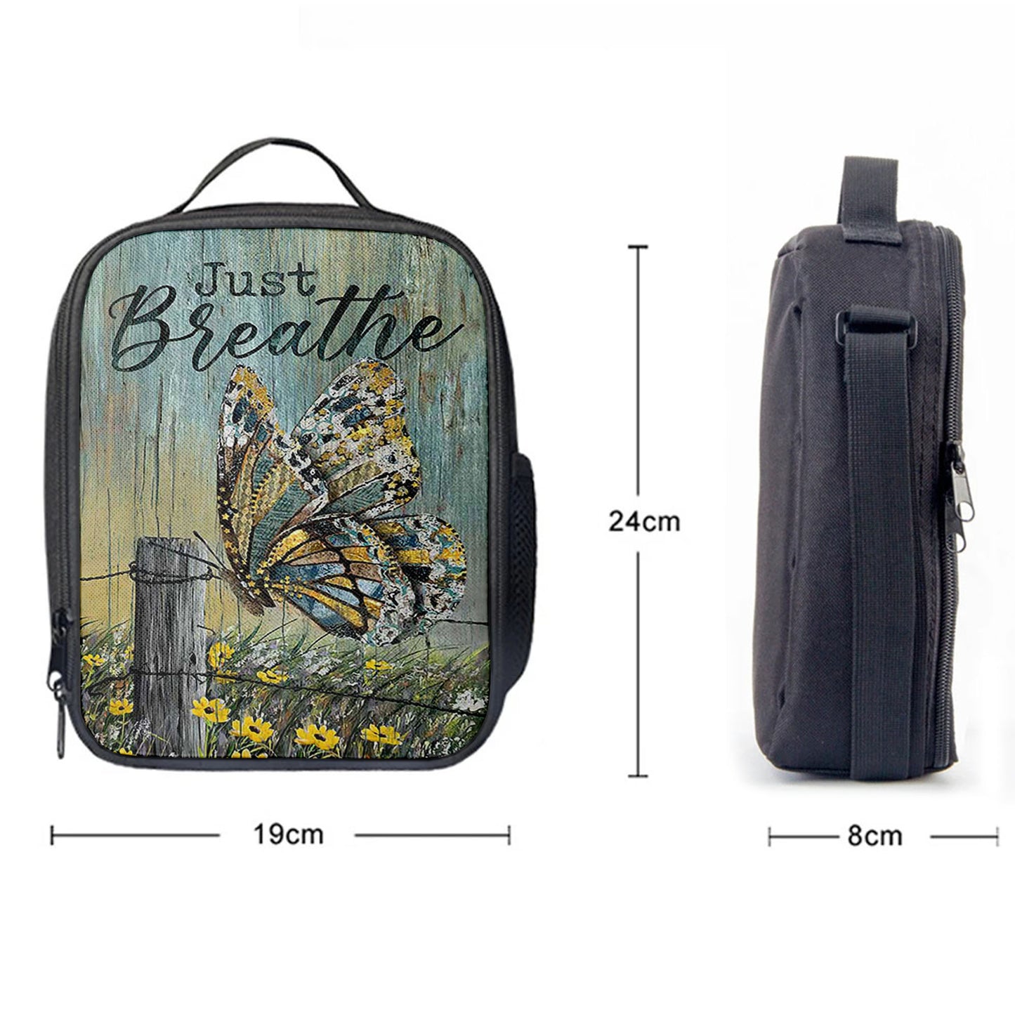 Just Breathe Butterfly Yellow Daisy Lunchbag, Christian Lunchbag, Bible Verse Lunch Bag
