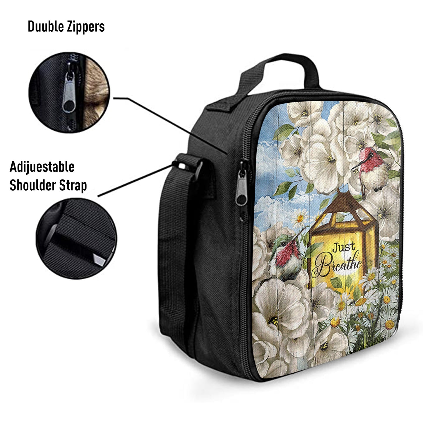 Just Breathe Camellia Forest Hummingbird Lunchbag, Bible Verse Lunch Bag, Christian Lunchbag Lunchbag