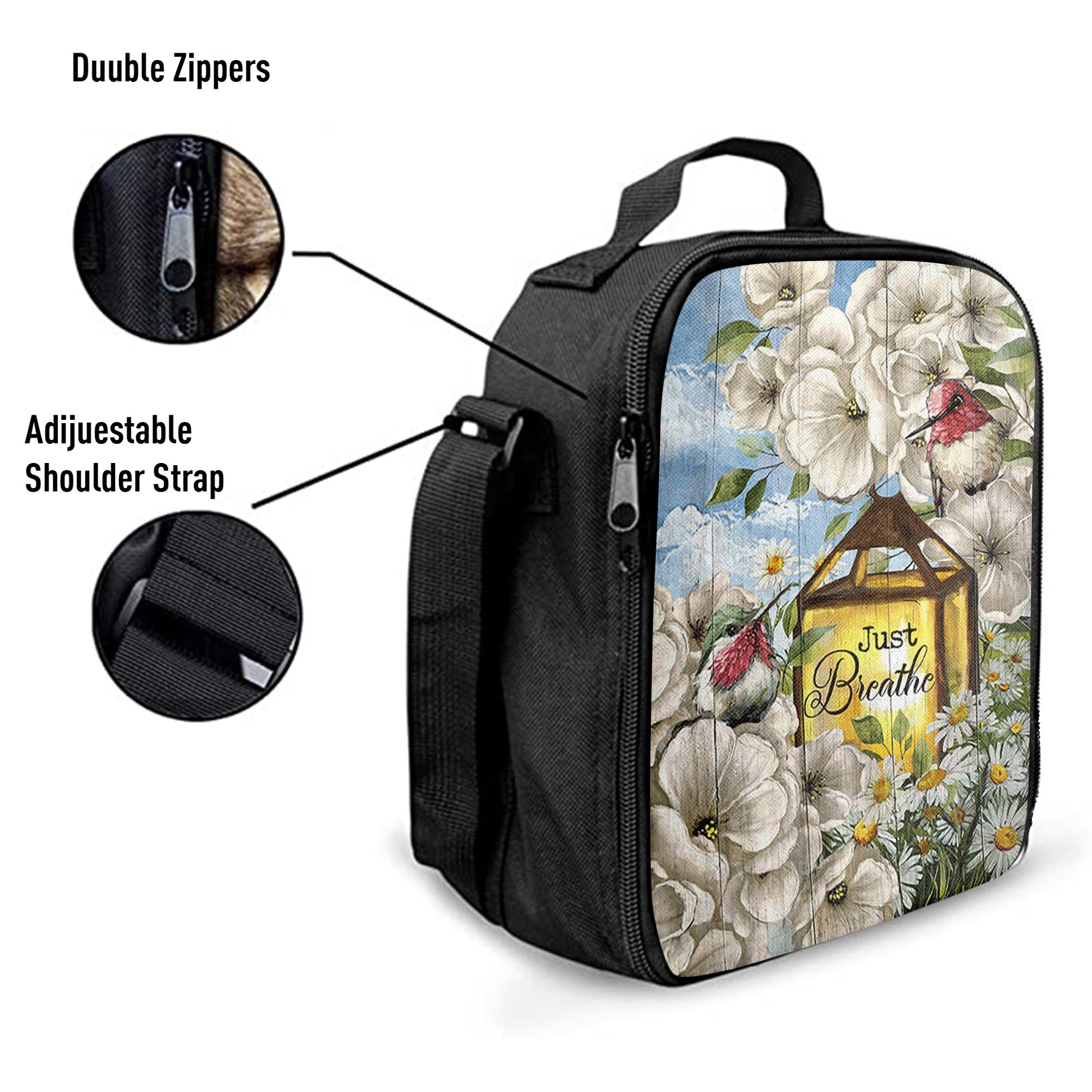Just Breathe Camellia Forest Hummingbird Lunchbag, Bible Verse Lunch Bag, Christian Lunchbag Lunchbag