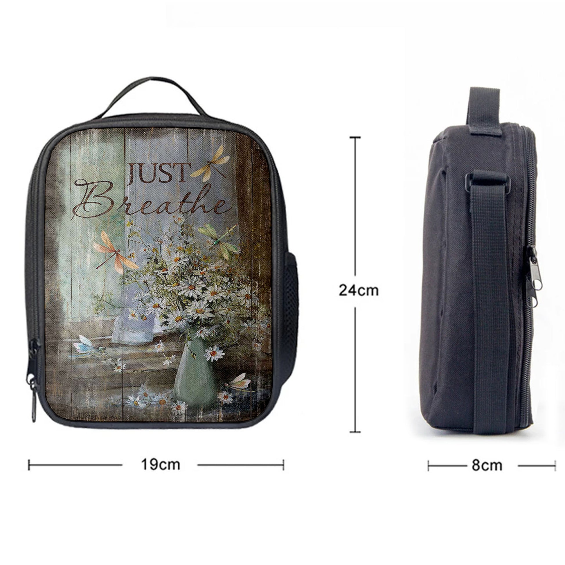 Just Breathe Daisy Flower Dragonfly Lunch Bag, Christian Art, Bible Verse Lunchbag, Religious Lunchbag