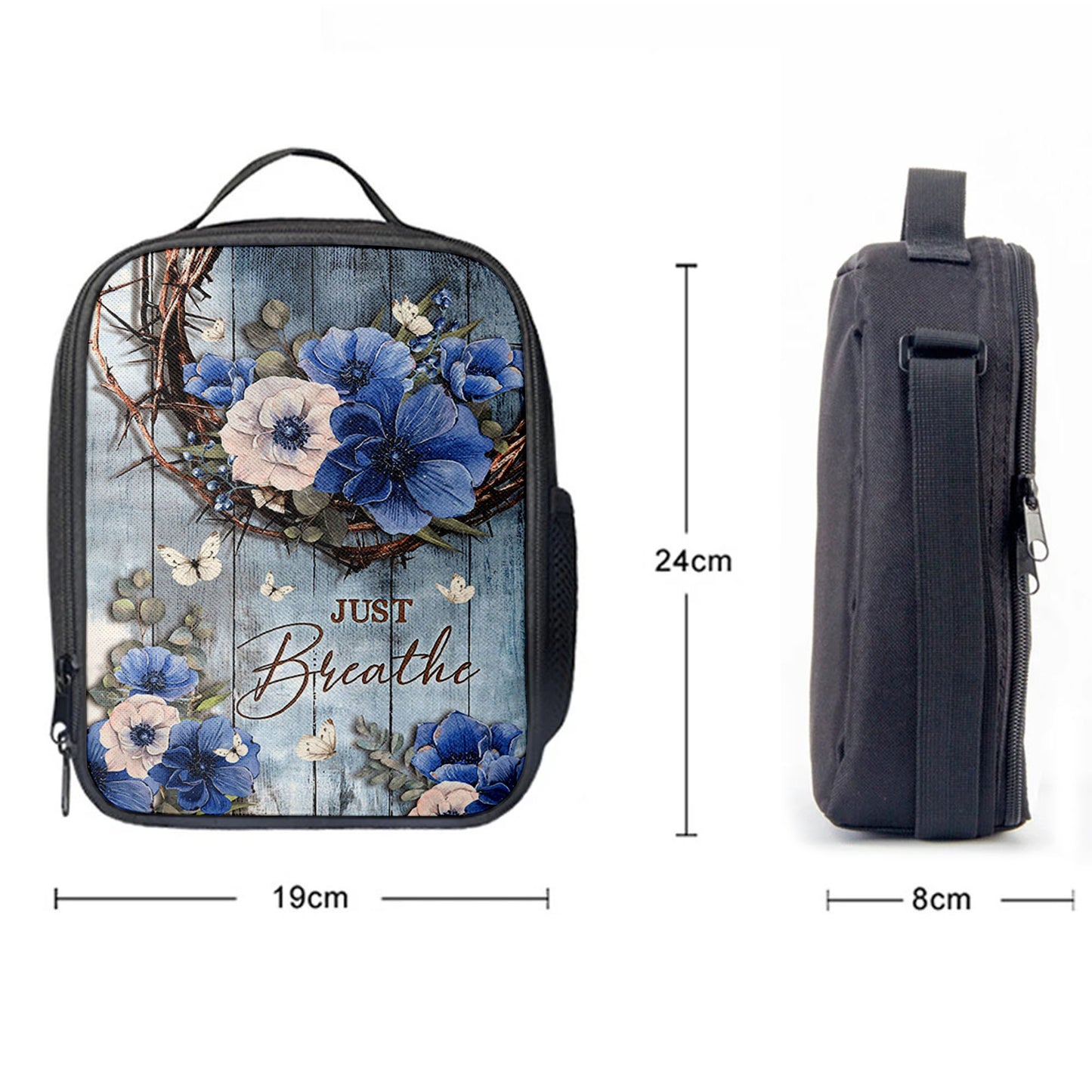 Just Breathe Flower Crown Of Thorns White Butterfly Lunchbag, Bible Verse Lunch Bag, Christian Lunchbag Lunchbag