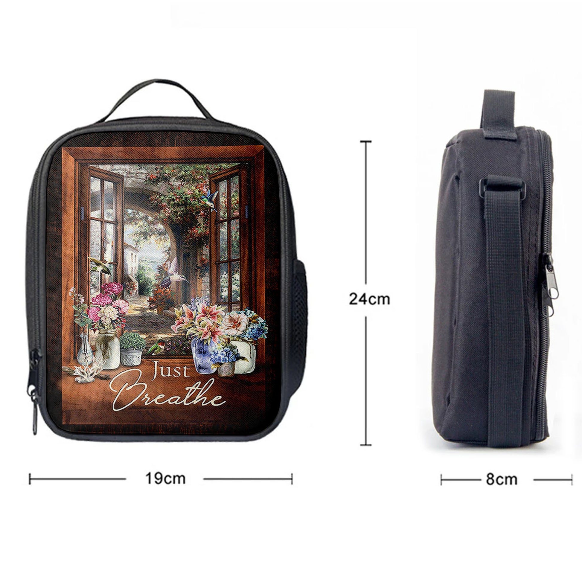 Just Breathe Flower Garden Hummingbird Lunchbag, Christian Lunchbag, Religious Lunchbag