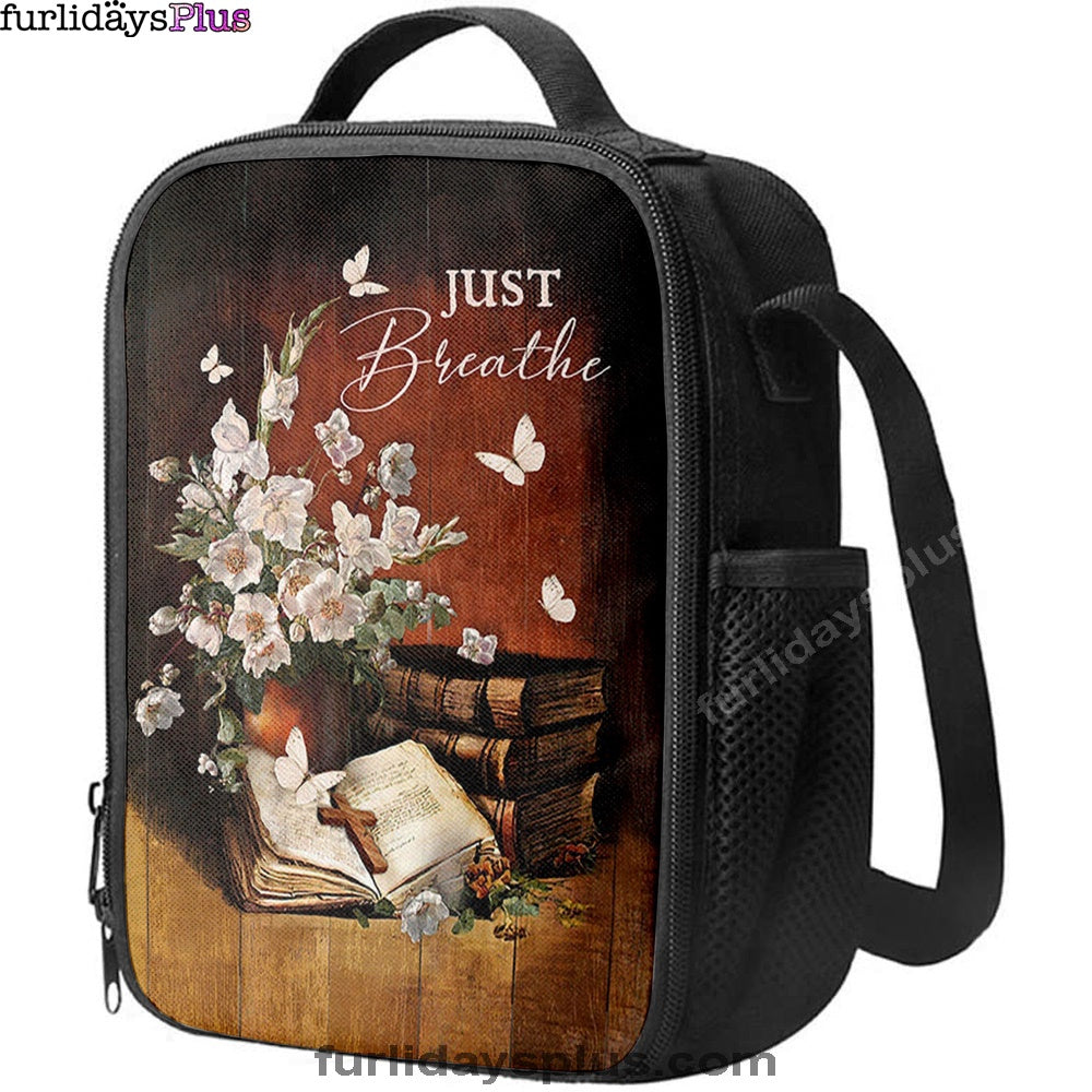Just Breathe Flower Vase Butterfly Books Wooden Cross Lunchbag, Bible Verse Lunch Bag, Christian Lunchbag Lunchbag