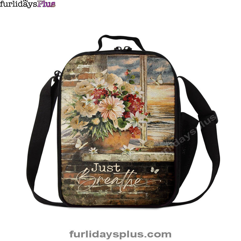 Just Breathe Flowers White Peony Ocean View Lunchbag, Bible Verse Lunch Bag, Inspirational Art, Christian Lunchbag