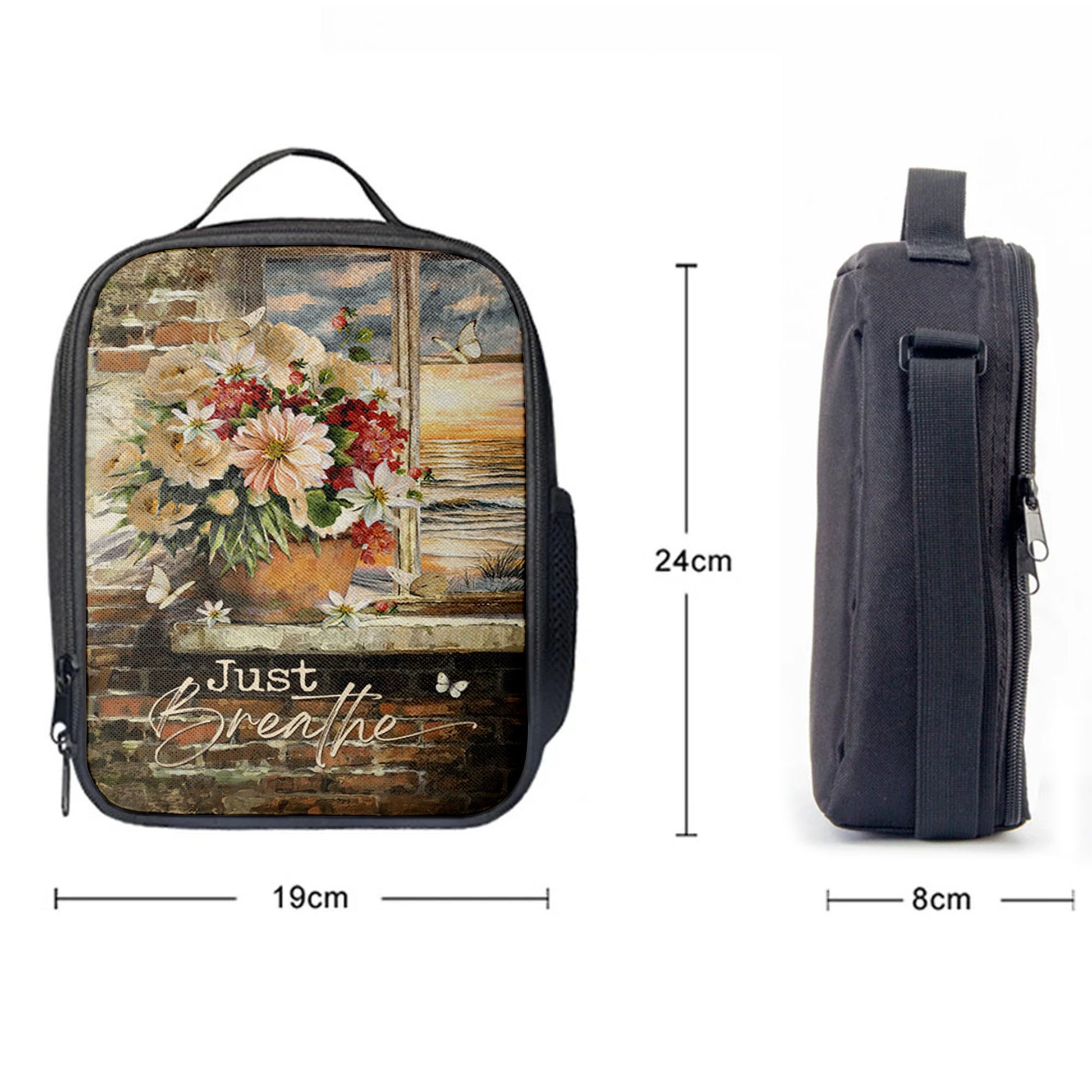 Just Breathe Flowers White Peony Ocean View Lunchbag, Bible Verse Lunch Bag, Inspirational Art, Christian Lunchbag