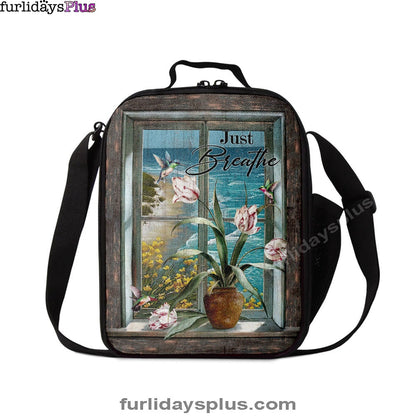 Just Breathe Hummingbird Blue Ocean Lunchbag, Bible Verse Lunch Bag, Inspirational Art, Christian Lunchbag