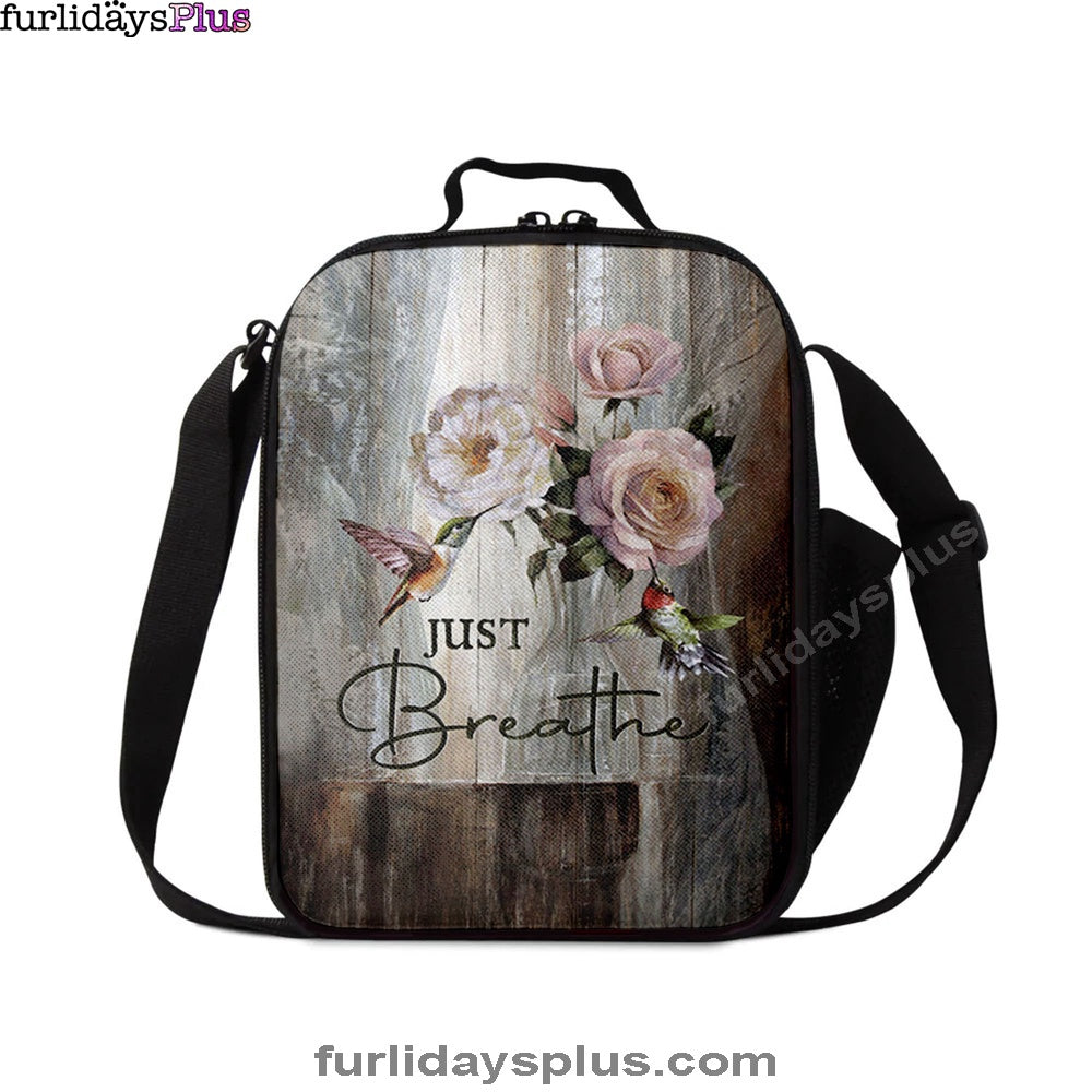 Just Breathe Hummingbird Rose White Peony Lunchbag, Bible Verse Lunch Bag, Christian Lunchbag Lunchbag