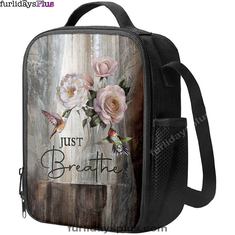Just Breathe Hummingbird Rose White Peony Lunchbag, Bible Verse Lunch Bag, Christian Lunchbag Lunchbag