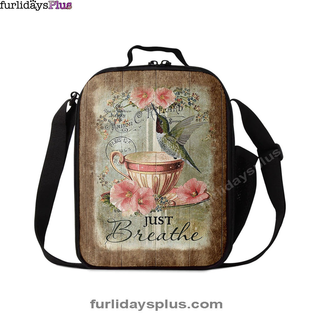 Just Breathe Hummingbird Tea Cup Pink Flowers Vintage Lunchbag, Christian Lunchbag, Bible Verse Lunch Bag
